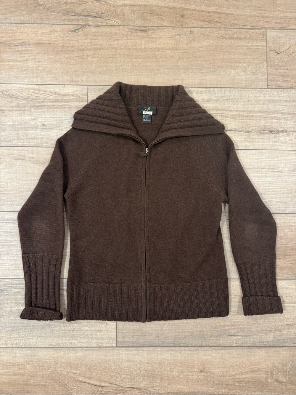 Women's 100% Cashmere Chocolate Brown Zip-Front Shawl Collar Cardigan Sweater